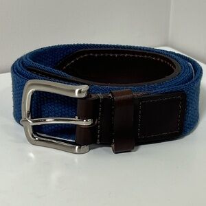 Vineyard Vines 42W Navy Knit Cotton Woven Belt Leather Accents Metal Clasp Prep